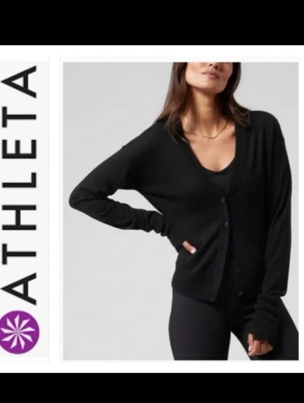 Athleta Black V-Neck Button Cardigan